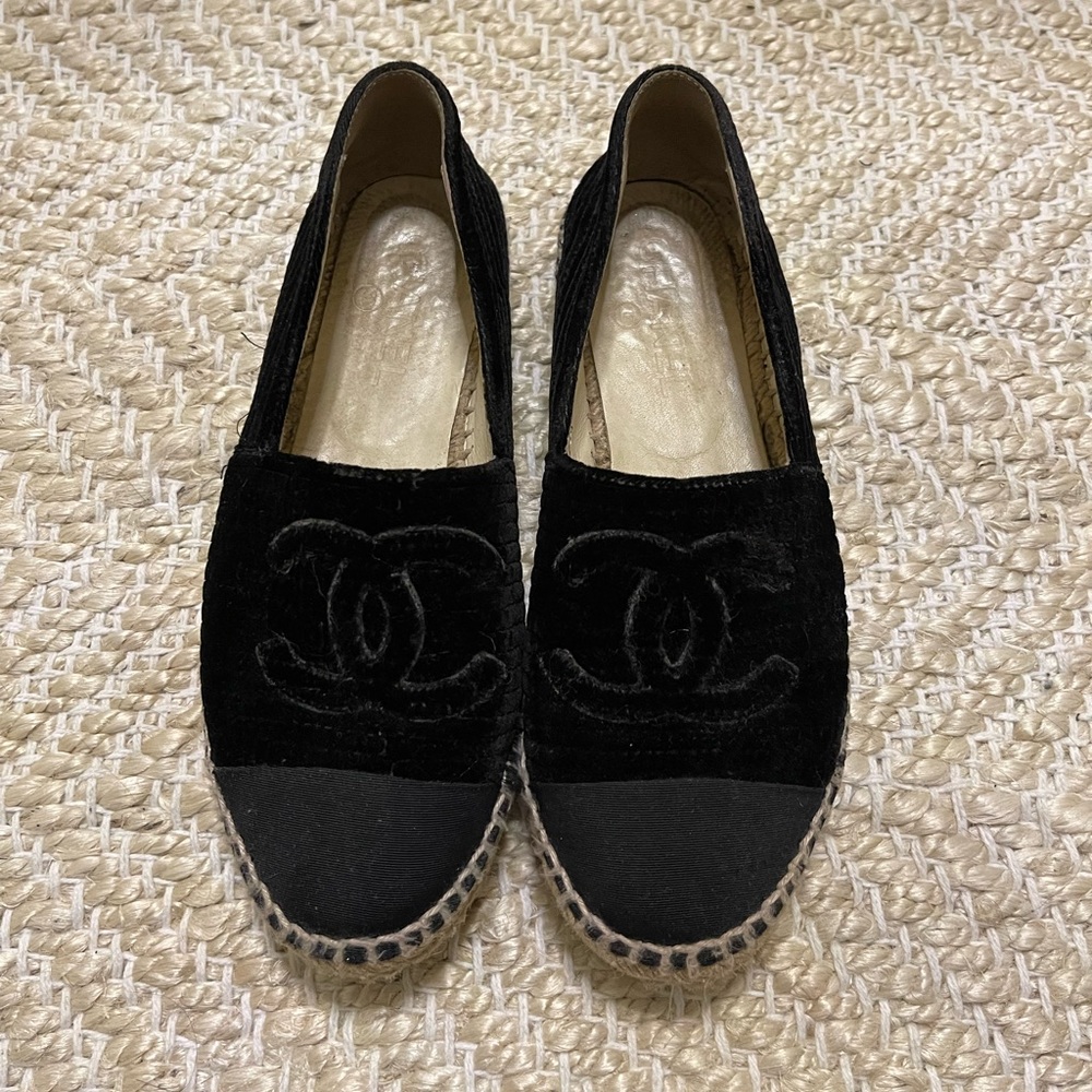 Authentic Black Chanel suede espadrilles. 
Size 7 
Comes with original box